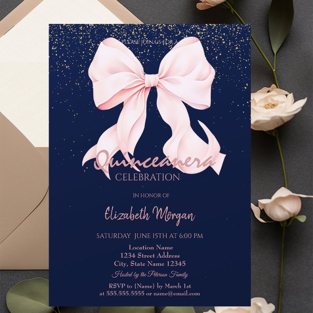 Chic Pink Bow Confetti Navy Blue Quinceañera   Inbjudningar (Skapare uppladdad)