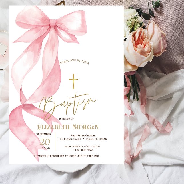 Chic Pink Bow Gold Cross Baptism Inbjudningar (Skapare uppladdad)