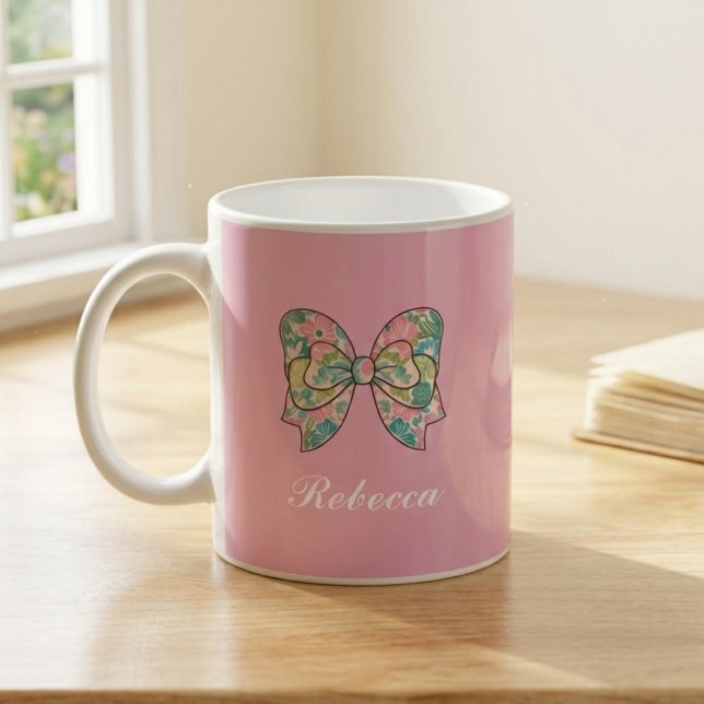 Chic Pink Bow Personalized Name Two-Tone Mug  Kaffemugg (Skapare uppladdad)