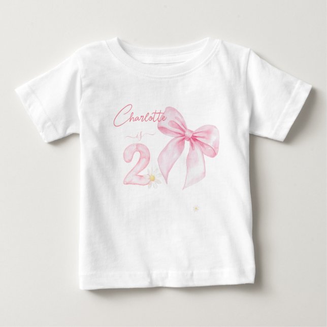 Chic Pink Bow Ribbon 2 Two 2nd Birthday T Shirt (Framsida)
