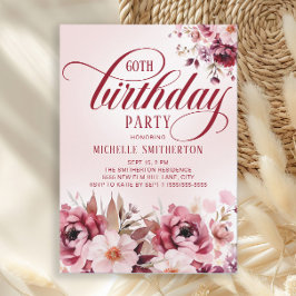 Chic Pink Burgundy Floral Glam 60th Birthday Inbjudningar