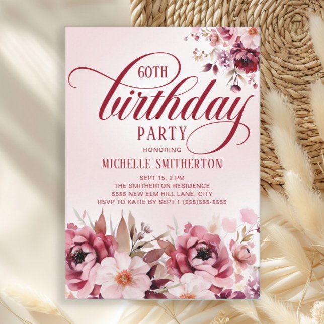Chic Pink Burgundy Floral Glam 60th Birthday Inbjudningar (Elegant burgundy and pink watercolor floral women's 60th birthday party invitation)
