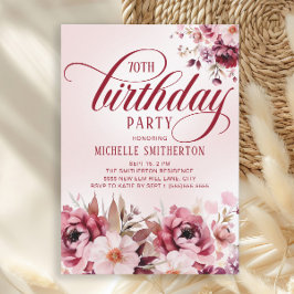 Chic Pink Burgundy Floral Glam 70th Birthday Inbjudningar