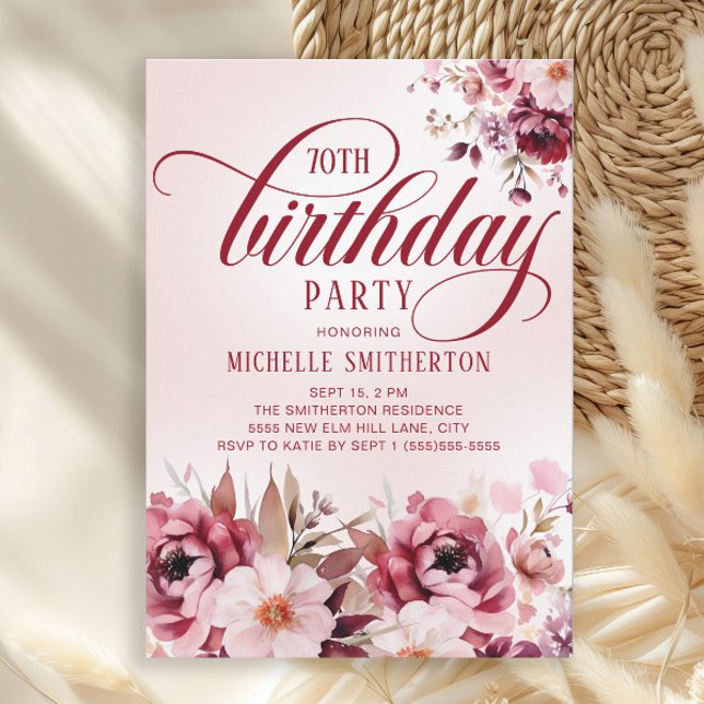 Chic Pink Burgundy Floral Glam 70th Birthday Inbjudningar (Burgundy and pink watercolor floral 70th birthday party invitation)