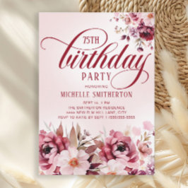 Chic Pink Burgundy Floral Glam 75th Birthday Inbjudningar