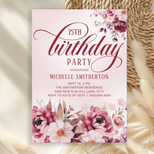 Chic Pink Burgundy Floral Glam 75th Birthday Inbjudningar (Burgundy and pink watercolor floral 75th birthday party invitation)