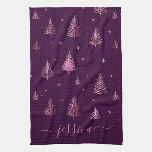 Chic pink glitter purple christmas trees name kökshandduk (Vertikal)