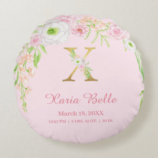 Chic Pink Gold Monogram "X" Baby Girl Stats Rund Kudde
