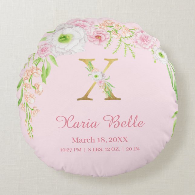 Chic Pink Gold Monogram "X" Baby Girl Stats Rund Kudde (Framsidan)
