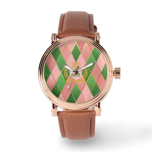 Chic Pink Green Argyle Monogrammed  Armbandsur (Framsida)