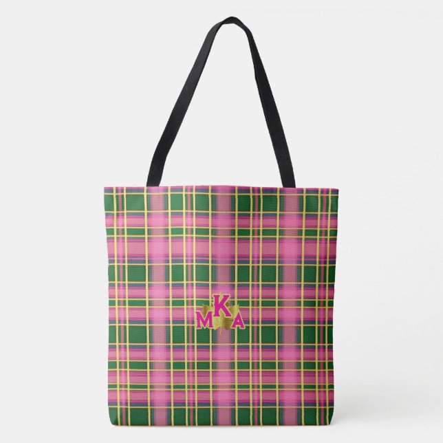 Chic Pink & Green Plaid Tote Bag with Monogram Tygkasse (Framsida)