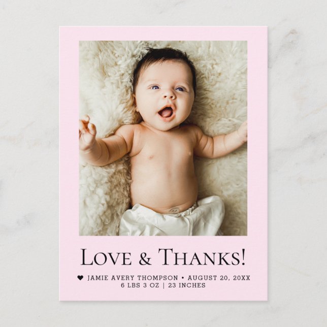 Chic Pink Newborn Photo Love & Thanks Birth Stats Vykort (Framsida)