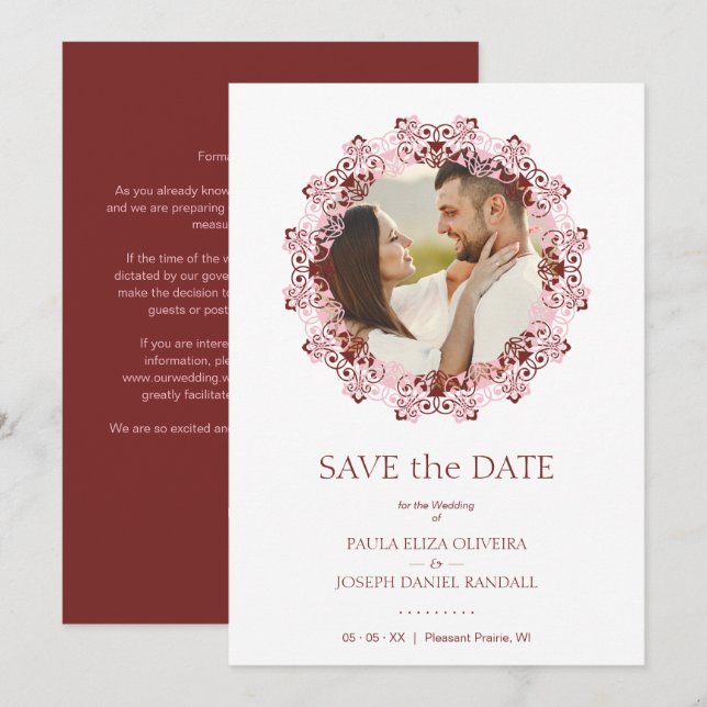 Chic Pink & Red Flourish Lace Effect Photo Couple Spara Datumet (Fram/baksida)