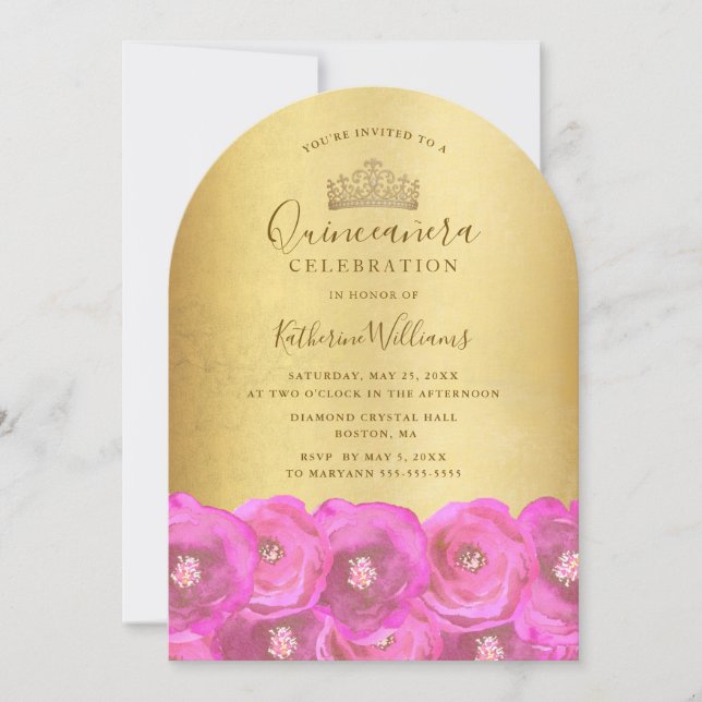 Chic Pink Rose Floral Gold Crown Quinceañera  Inbjudningar (Framsida)