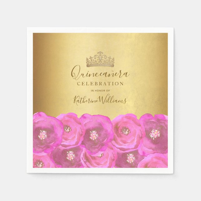 Chic Pink Rose Floral Gold Crown Quinceañera Pappersservett (Framsidan)