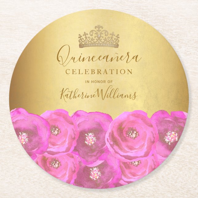 Chic Pink Rose Floral Gold Crown Quinceañera Underlägg Papper Rund (Framsidan)