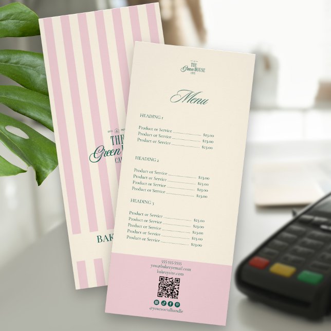 Chic Pink Stripes Green Bakery Logo QR Price Reklamkort (Skapare uppladdad)