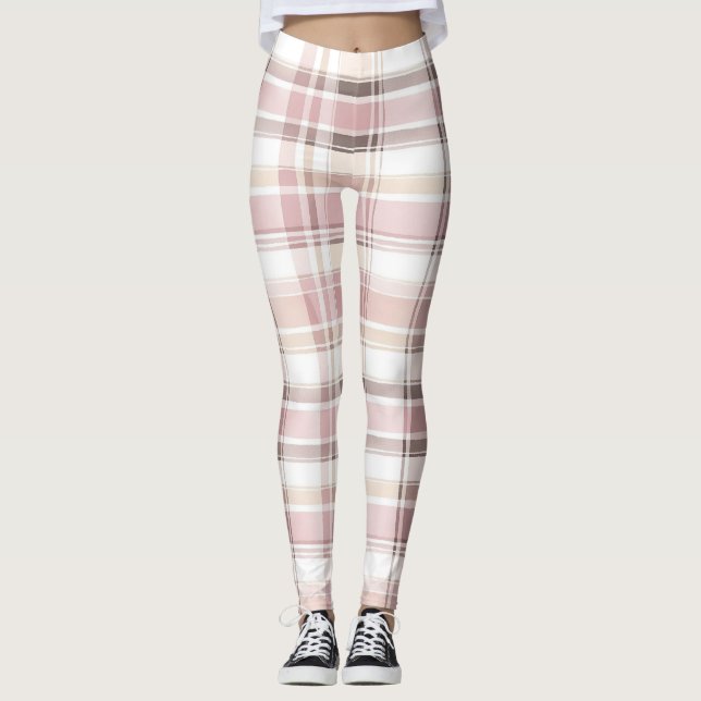 Chic Pink White Cream Plaid Stripes   Leggings (Framsida)