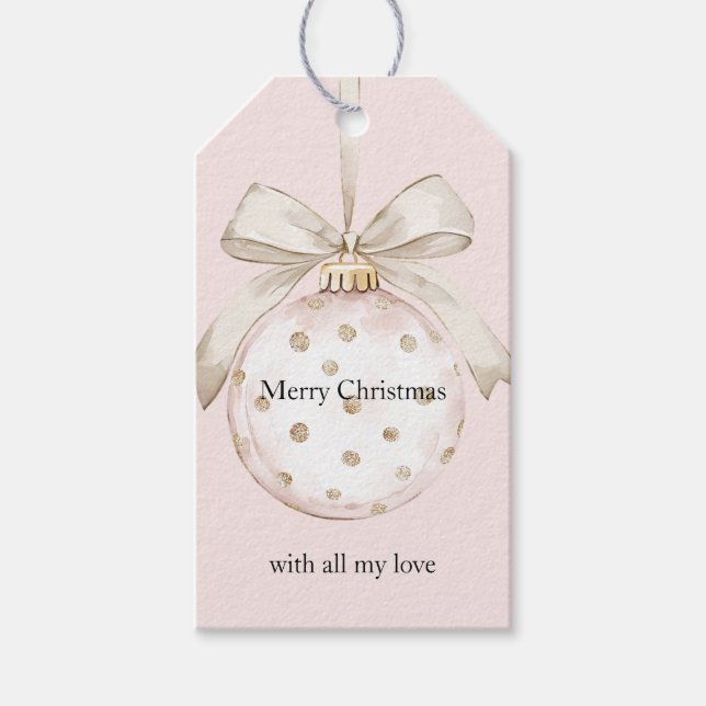 Chic Pink White Dots Bow Ornament Christmas Presentetikett (Framsidan)