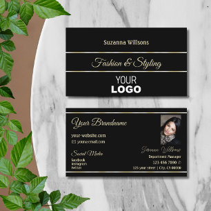 Chic Plain Black Golden Rand med Logotyp och foto Visitkort