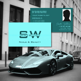 Chic Plain Light Mörk Teal with Monogram and Photo Visitkort