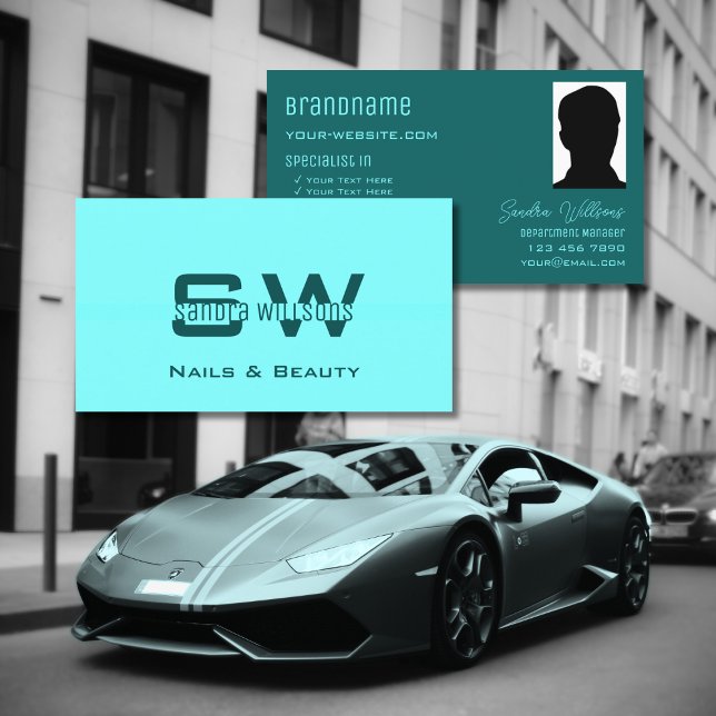 Chic Plain Light Mörk Teal with Monogram and Photo Visitkort (Skapare uppladdad)