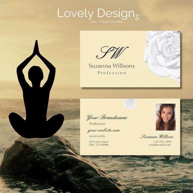 Chic Plain Peach Beige Vit ros Initialer Photo Visitkort (Skapare uppladdad)