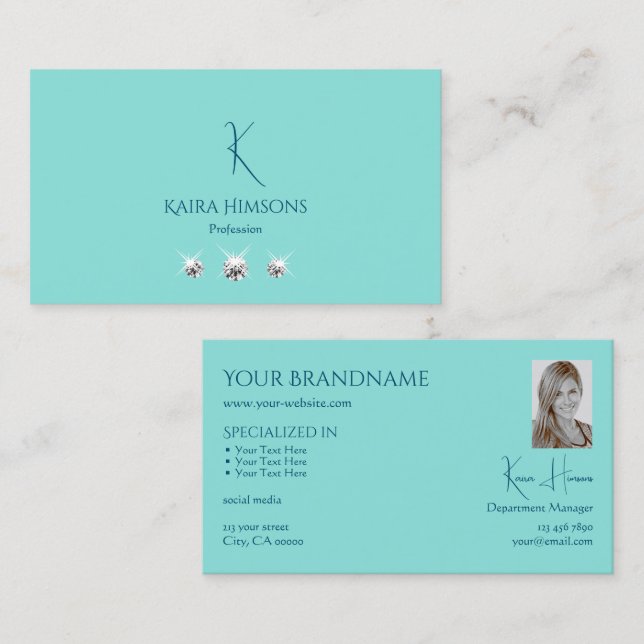 Chic Plain Teal med Monogram Photo och Jewels Visitkort (Fram/baksida)