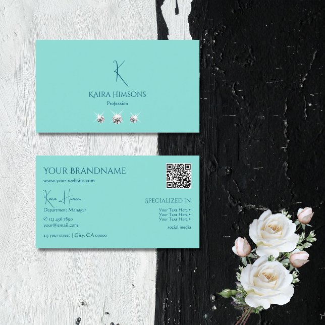 Chic Plain Teal med Monogram QR-kod och judar Visitkort (Skapare uppladdad)