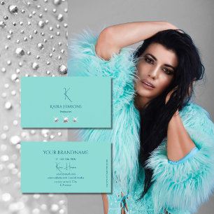Chic Plain Teal with Monogram and Jewels Snyggt Visitkort