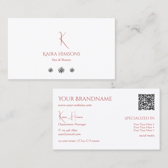 Chic Plain White med Monogram QRCode och diamanter Visitkort (Fram/baksida)