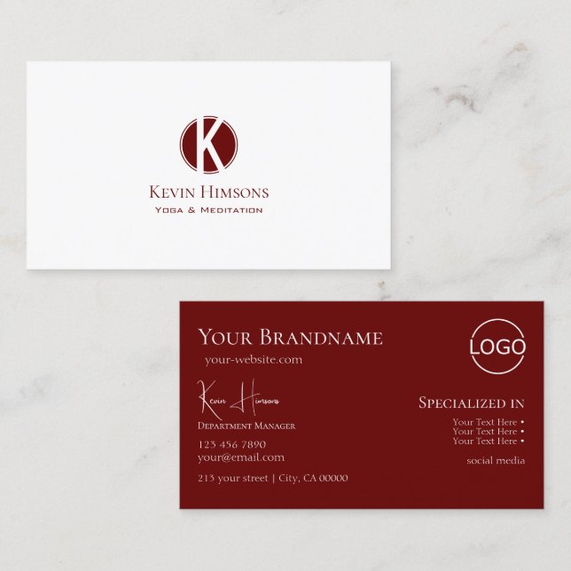Chic Plain White Vin Red med Monogram och Logotyp Visitkort (Fram/baksida)