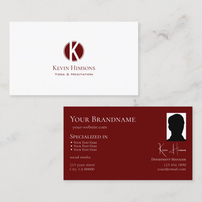 Chic Plain White Vin Red med Monogram och Photo Visitkort (Fram/baksida)