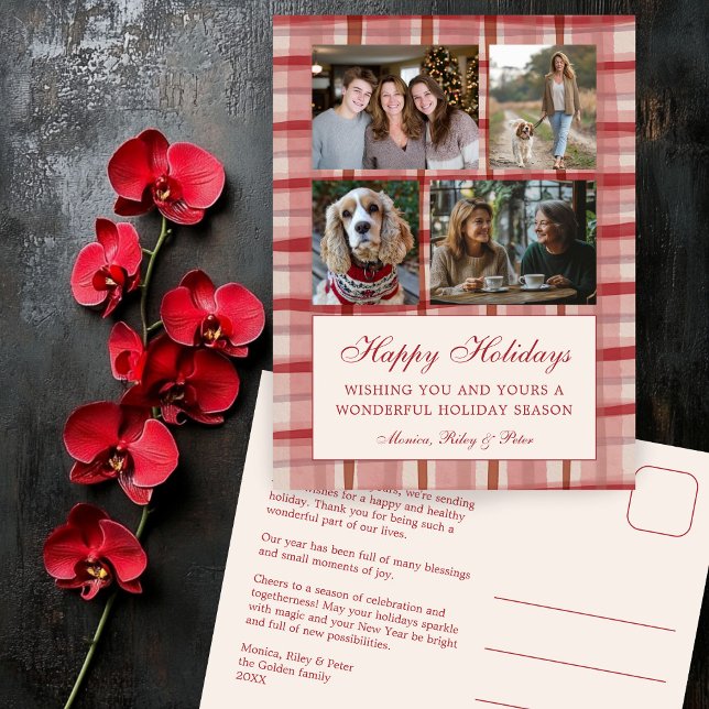 Chic Play-Anpassningsbar 4 Photo Collage Red Helg Vykort (Chic Preppy Watercolor Plaid Christmas Custom 4 Photo Collage Red Holiday Postcard
)