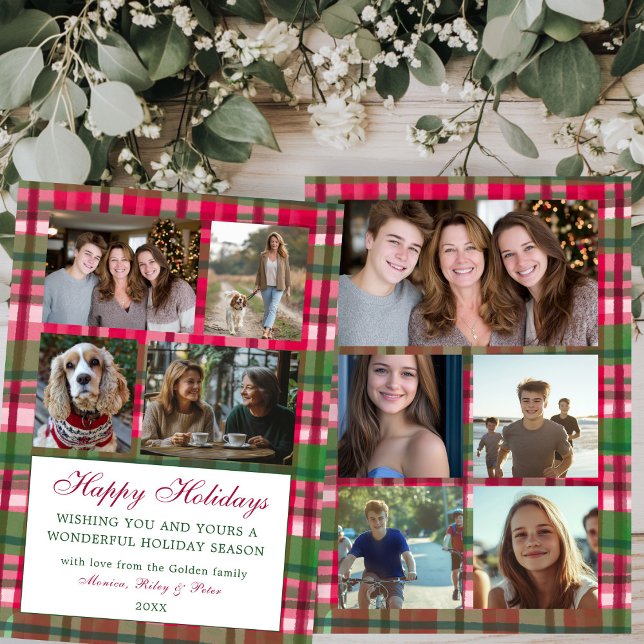 Chic Play-Anpassningsbar 9 Photo Collage Preppy Julkort (Chic Handmade Watercolor Plaid Pattern Christmas Custom 9 Photo Collage Preppy Holiday Card
)