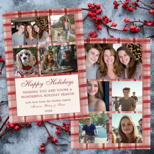 Chic Play-Anpassningsbar 9 Photo Collage Red Julkort (Chic Preppy Watercolor Red Plaid Christmas Custom 9 Family Photo Collage Holiday Card
)