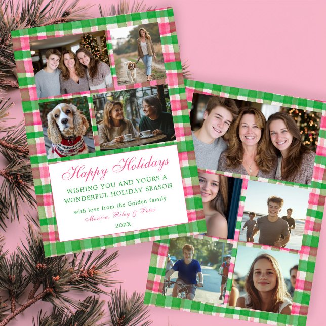 Chic Play-Anpassningsbar 9 Photo Collage Rosa Julkort (Chic Watercolor Plaid Christmas Custom 9 Photo Collage Pink Green Personalized Family Holiday Card
)