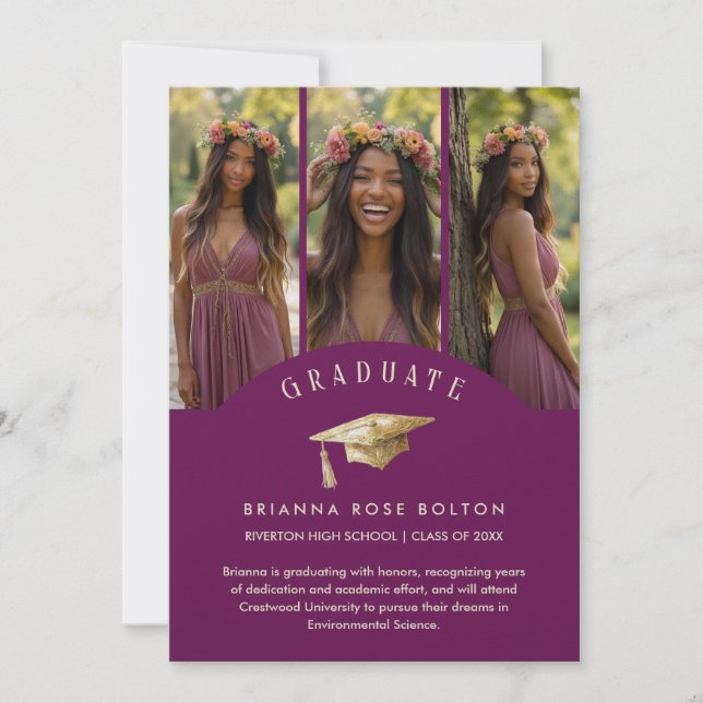 Chic Plum Graduate Collage 3-Photo Graduation Cap (Framsida)