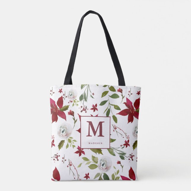 Chic Poinsettia Blommigt Monogram med första Namn Tygkasse (Baksida)