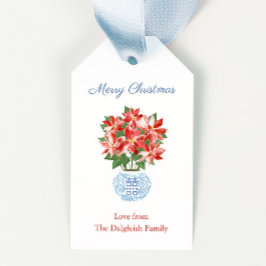 Chic Poinsettia Blue Chinoiserie God jul Presentetikett