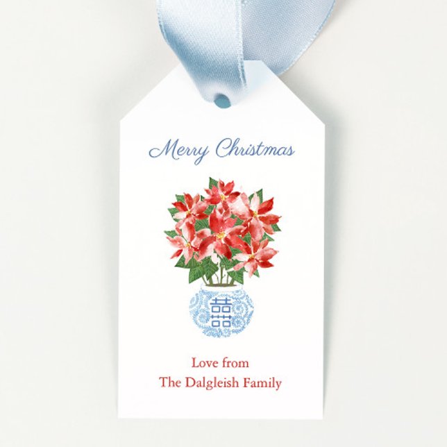 Chic Poinsettia Blue Chinoiserie God jul Presentetikett (Chinoiserie chic red poinsettia in ginger jar planter merry christmas gift tags)