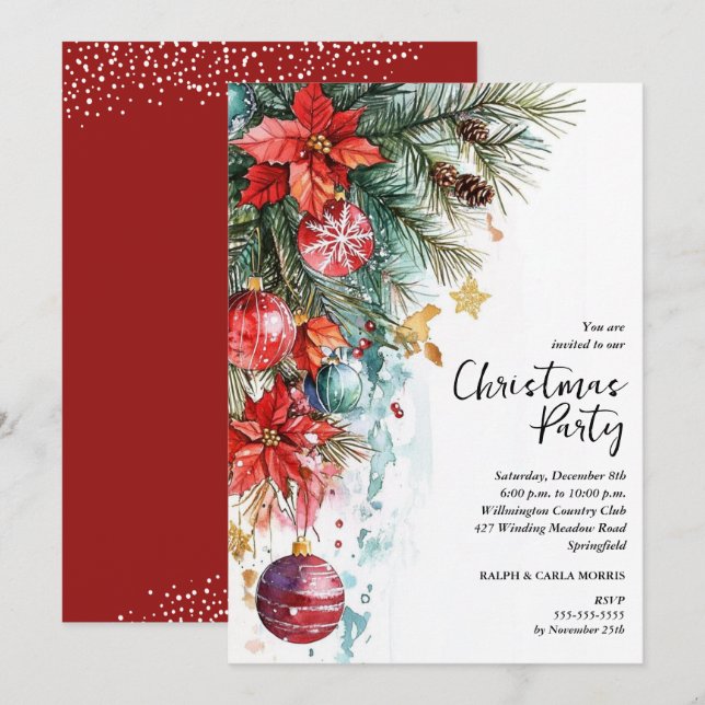 Chic Poinsettia Christmas Party Inbjudningar (Fram/baksida)