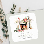 Chic Poinsettia Fireplace Warm jul Önskemål Fyrkantigt Klistermärke<br><div class="desc">Om du behöver ytterligare anpassningar kan du kontakta mig på yellowfebstudio@gmail.com.</div>