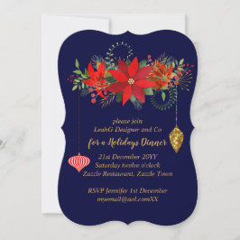 Chic Poinsettia jul Blue Red Guld Modern Inbjudningar