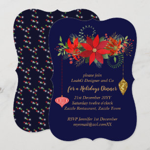 Chic Poinsettia jul Blue Red Guld Modern Inbjudningar