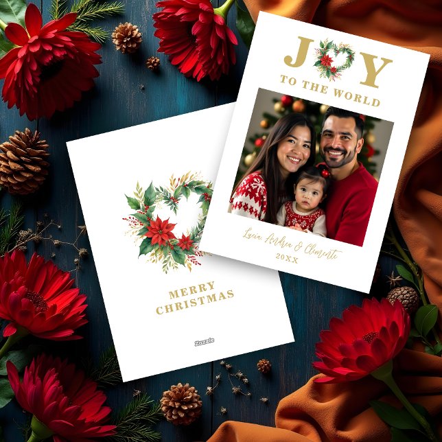 Chic Poinsettias Christmas Heart-Shape Garland Julkort (Chic Poinsettias Christmas Heart-Shape Garland Photo and Joy to the World Quote Holidays Cards.)