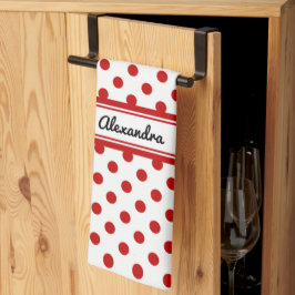 Chic Polka Dot Red White-bakgrund Kökshandduk