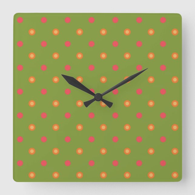 Chic Poppy Färg Polka dots Square Wall Clock Fyrkantig Klocka (Framsida)