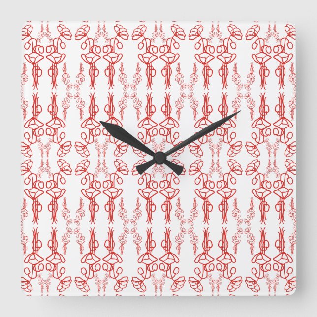 Chic Poppy Outline Red på Vit Square Wall Clock Fyrkantig Klocka (Framsida)