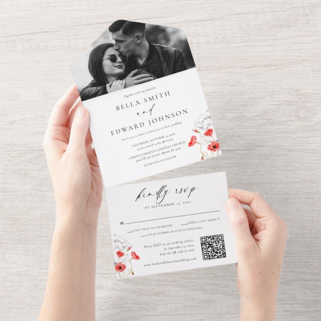Chic Poppy Red Flowers Monogram Photo Bröllop (Tearaway)